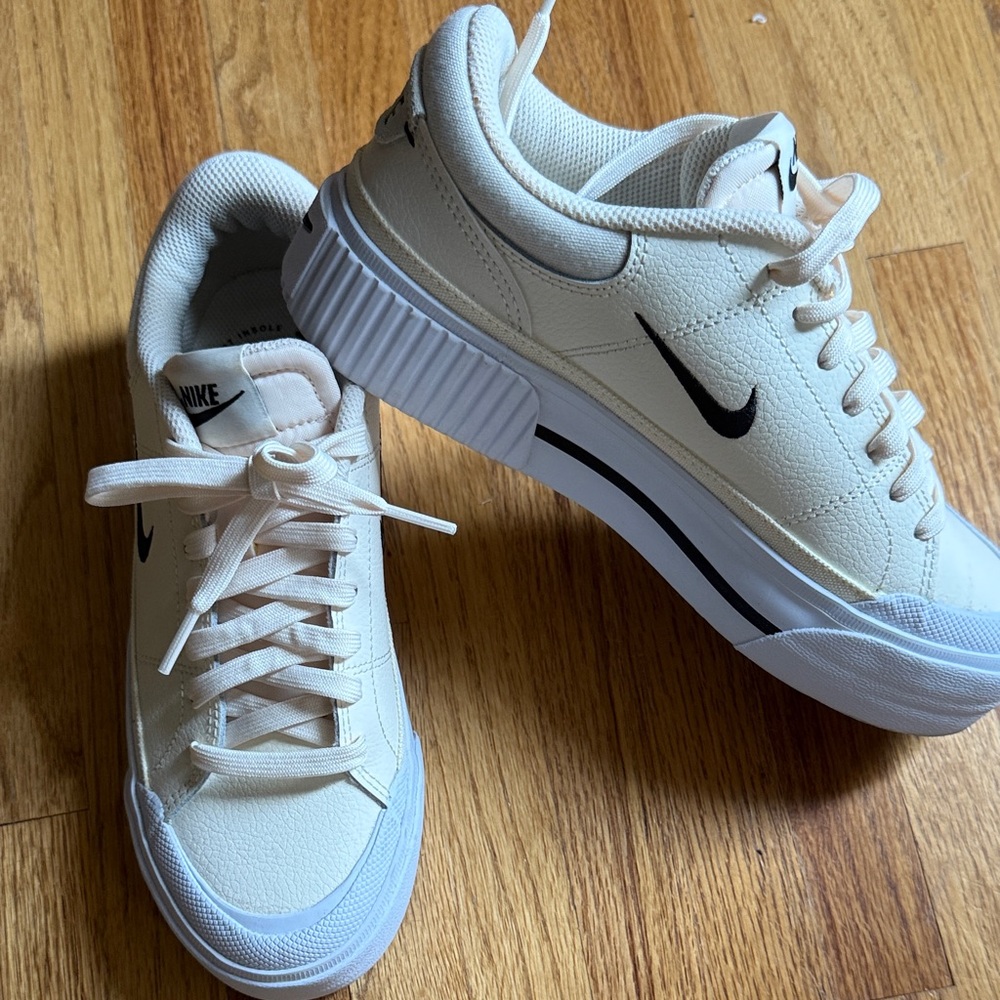 Nike Off-White Leather Sneakers with Black Logo. Worn twice.